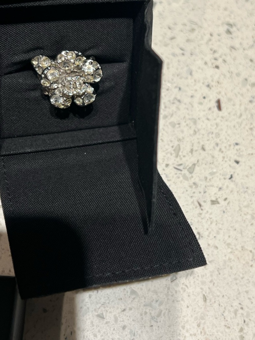 CHANEL camellia Silver-Tone Crystal Floral Ring